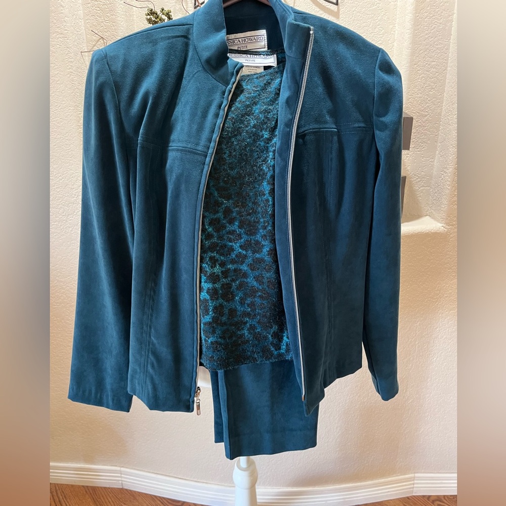 Vintage Jessica Howard 3 Piece Pant Suit Set Sz 6 Petite Microsuede Zip Jacket